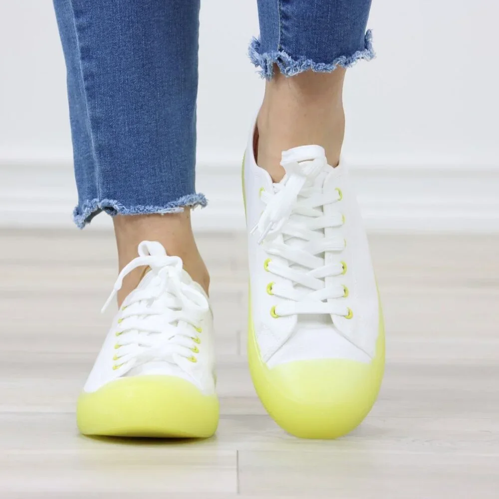 White & Neon Canvas Fabric Fashion Comfort Low Top Sneakers Shoes - Picture 9 of 14